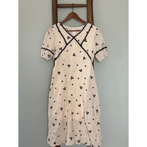 Vintage  Floral Embroidered Cotton Midi Dress with Puff Sleeves Cream  Black